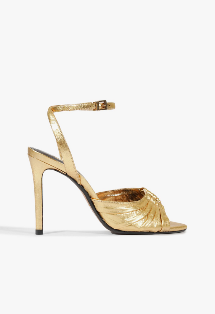 Sandália Couro X Salto Alto Fino Dourada
