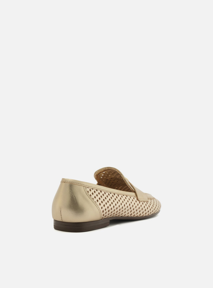Mocassim Dourado Couro Bico Redondo Vazado Metal