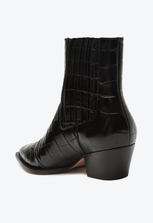 Bota Western Briani Salto Bloco Baixo Couro Croco Preta