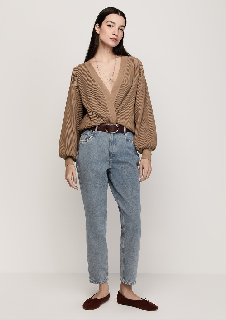 Cardigan Bege Dzarm Tricô com Manga Bufante