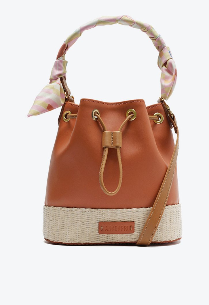 Bolsa Bucket Laranja Natural Anacapri Pequena Lenço Multicolorido