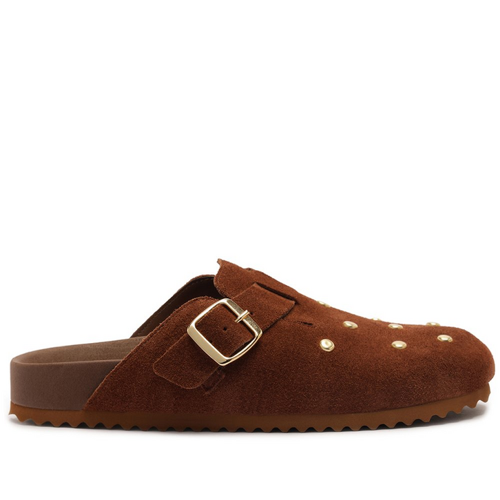 Mule Clog Tachas Couro Marrom