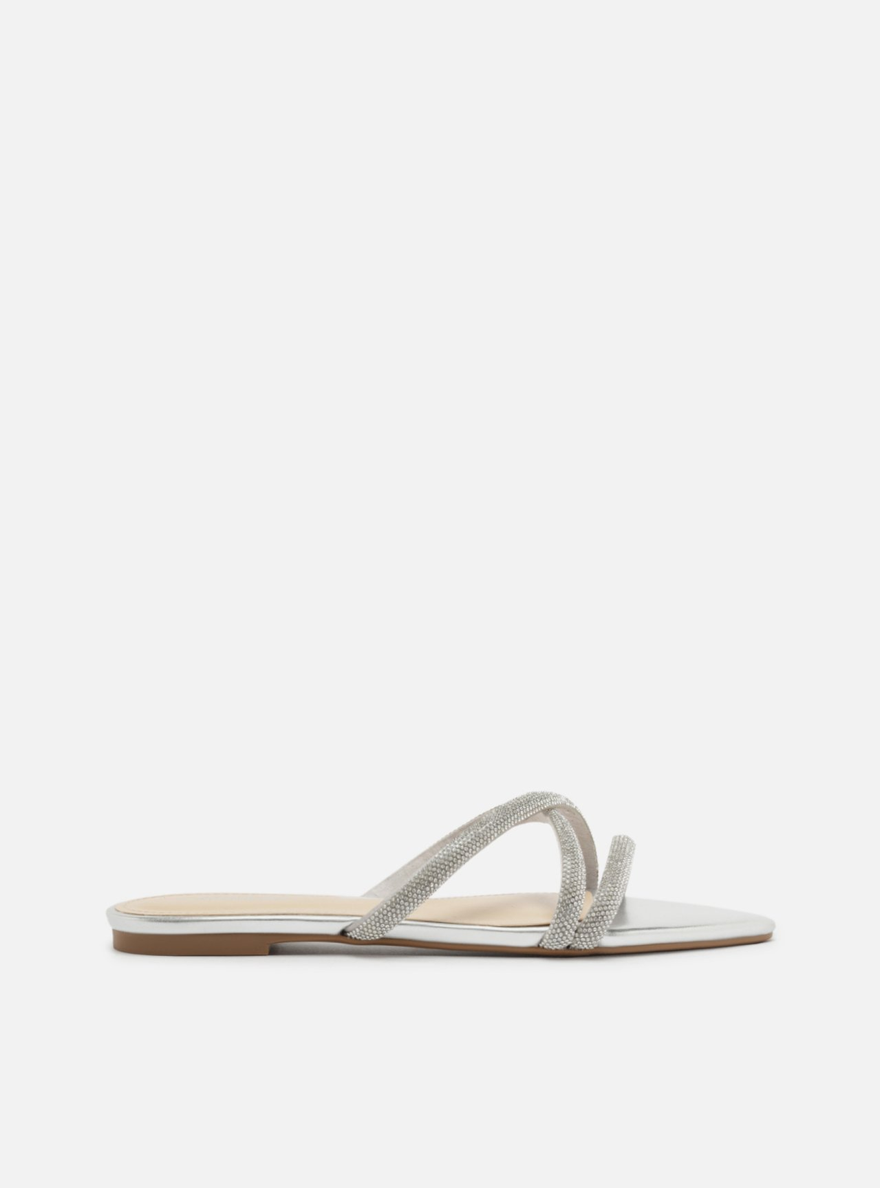 AREZZO Rasteira Prata Flat Bico Folha Tiras Strass AREZZO Rasteira Prata Flat Bico Folha Tiras Strass