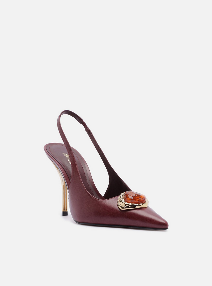 Scarpin Vinho Couro Salto Alto Slingback Pedraria
