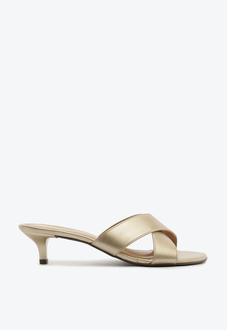 Tamanco Salto Fino Tiras Cruzadas Dourado