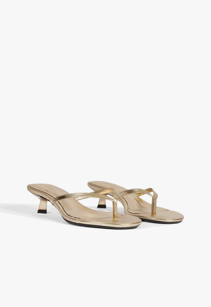 Sandália Mule Tiras Salto Baixo Couro Dourado