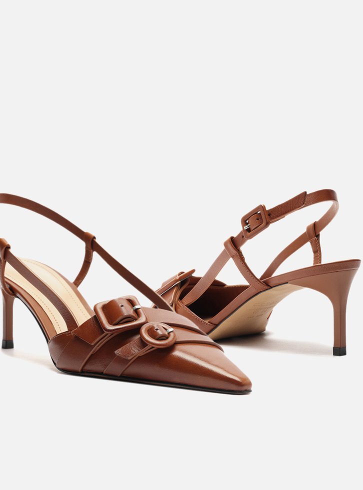 Scarpin Marrom Couro Salto Baixo Slingback