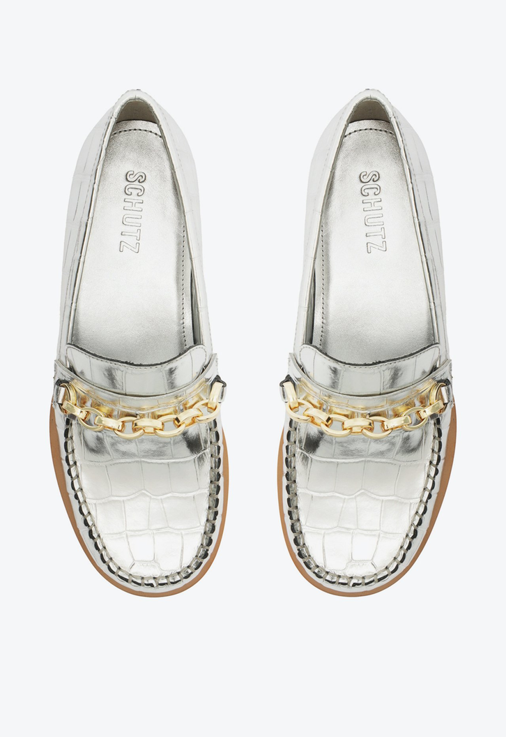 Mocassim Chain Ornamental Couro Prata