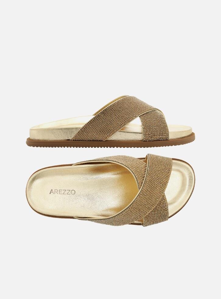 Slide Dourado Arezzo Tiras Largas Strass