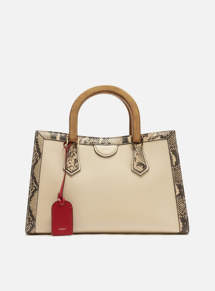 Bolsa Tote Branca Couro Média Alça Madeira Snake