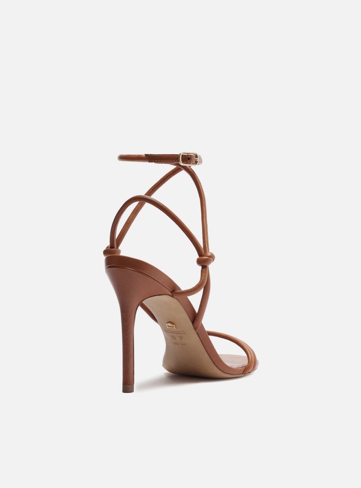Sandália Marrom Caramel Salto Fino Tiras Knot