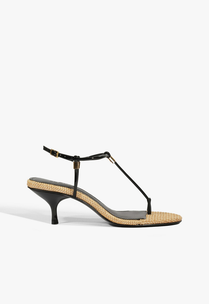Sandália Salto Kitten Elsha Couro Ráfia Preta