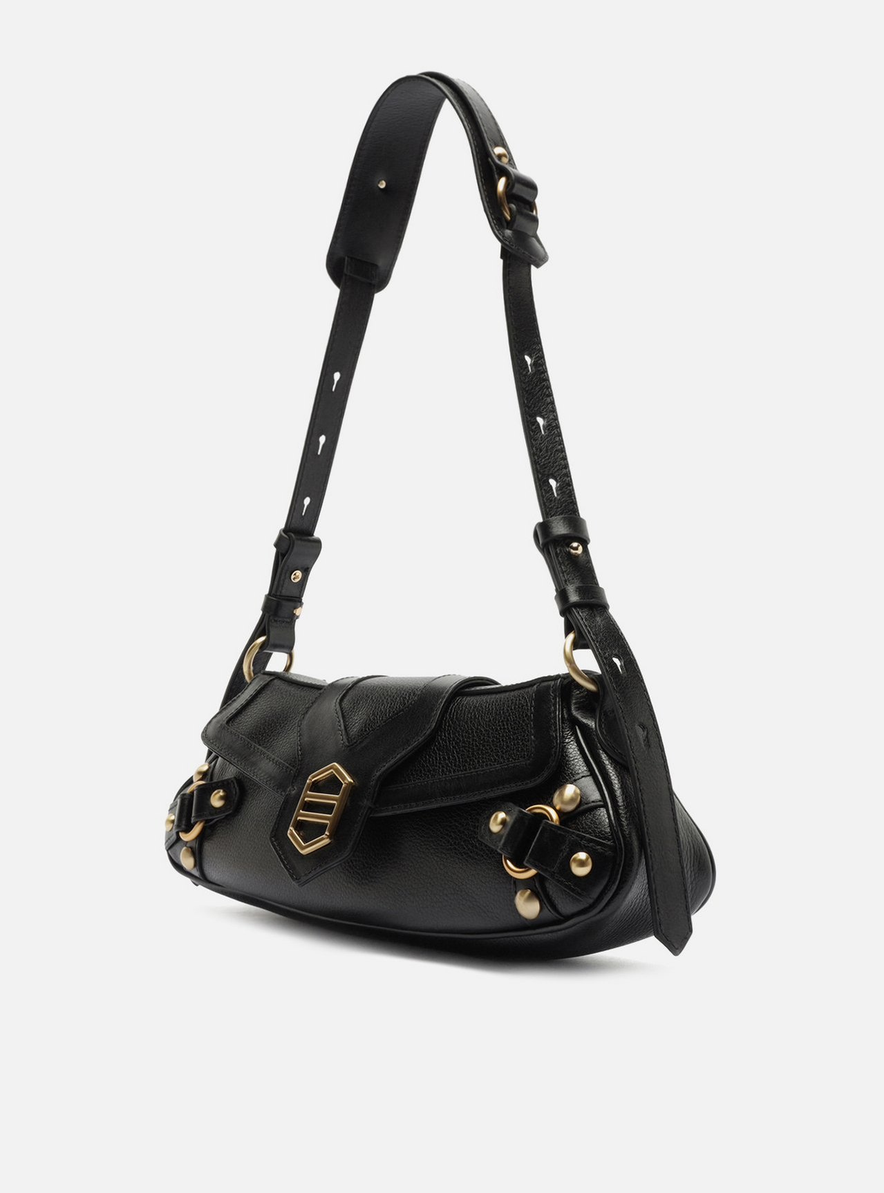 Bolsa Shoulder Preta Couro Grande Alongada Metais | ZZ MALL