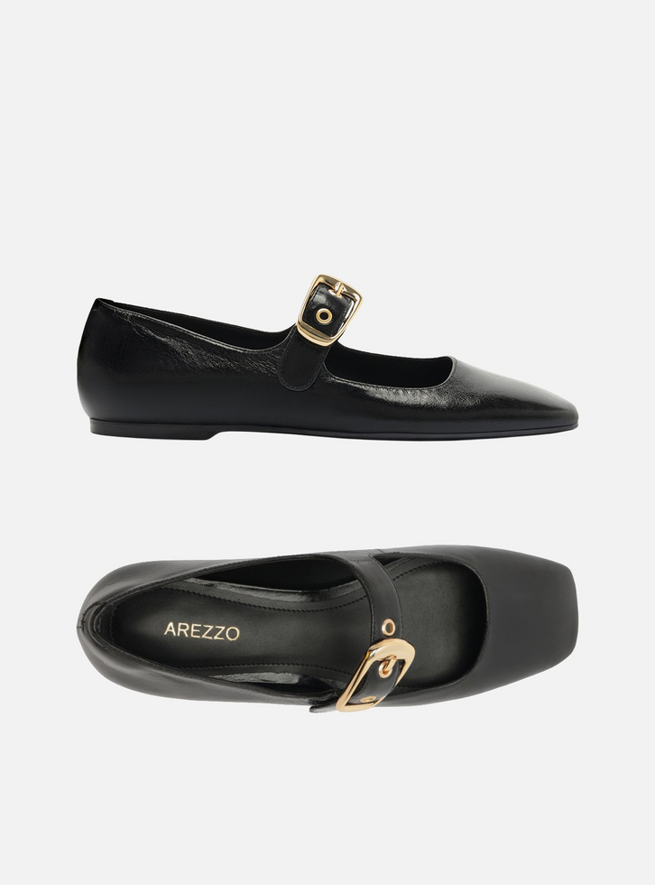 Sapatilha Preta Couro Bico Quadrado Fivela | ZZ MALL
