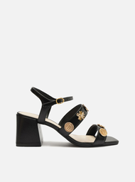 Sandália Preta Arezzo Couro Salto Médio Metais