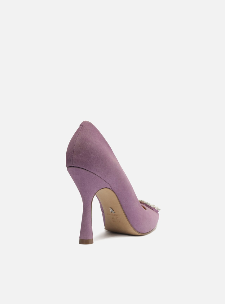 Scarpin Lilás Nobuck Bico Fino Pedraria