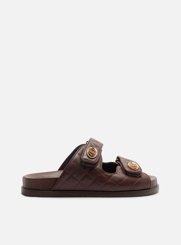 Sandália Papete Marrom Couro Flatform Matelassê