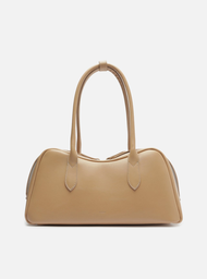Bolsa Bowling Bege Couro Grande Zíper Duplo