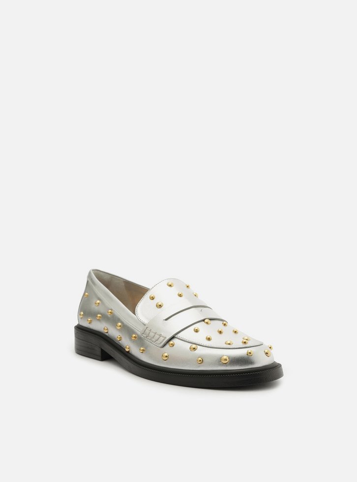 Mocassim Couro Prata Tachas