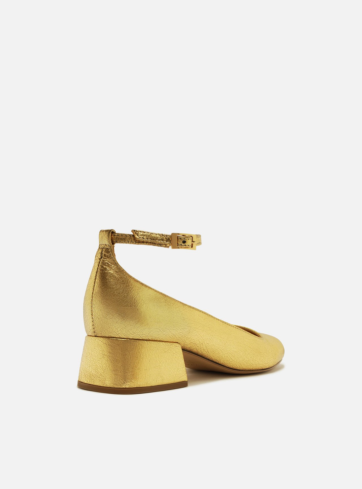 Sapato Dourado Arezzo Boneca Couro Salto Bloco Fivela