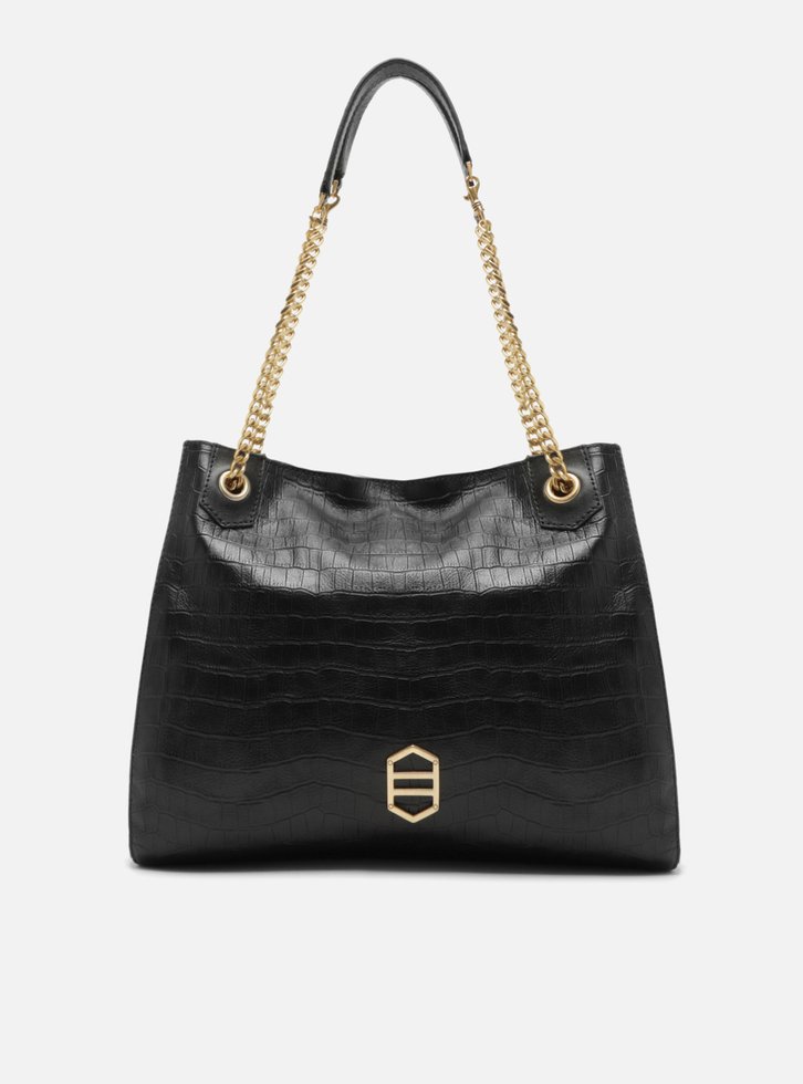 Bolsa Hobo Preta Couro Croco Grande Reversível