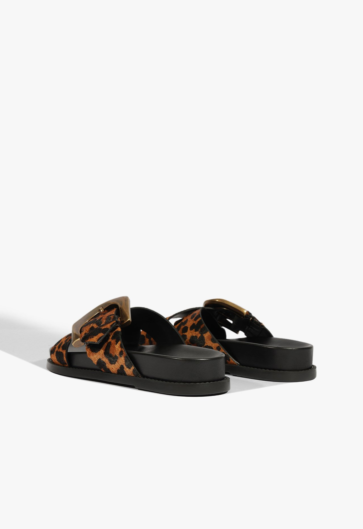 Sandália Papete Couro Fivela Animal Print Marrom
