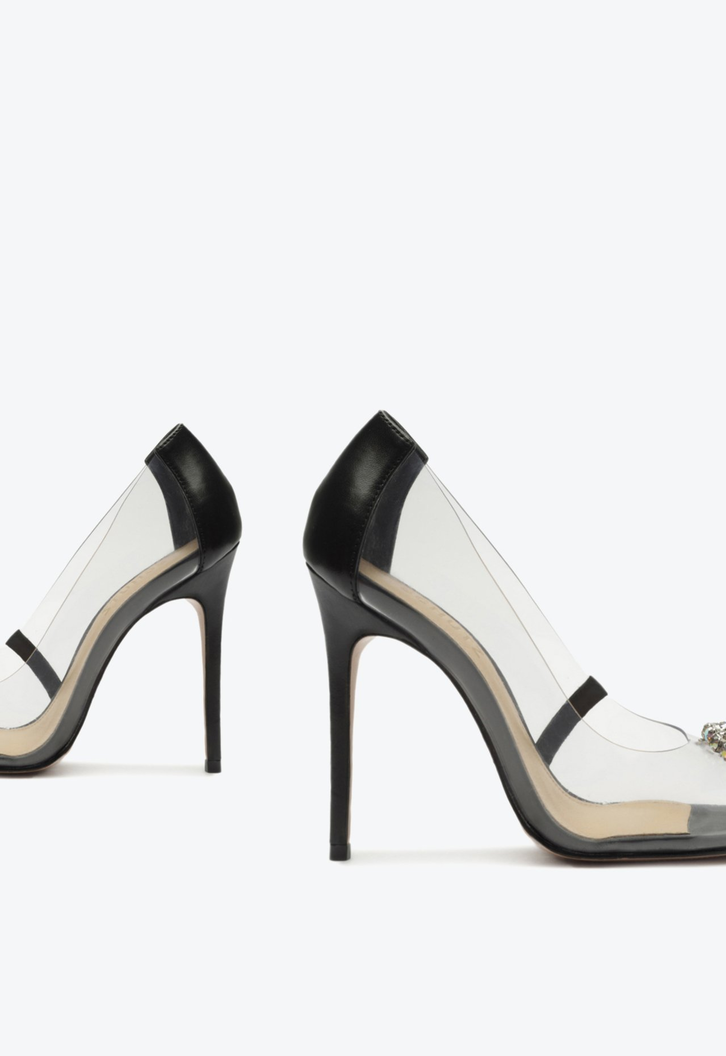Sapato Scarpin Salto Alto Fino Preto e Transparente