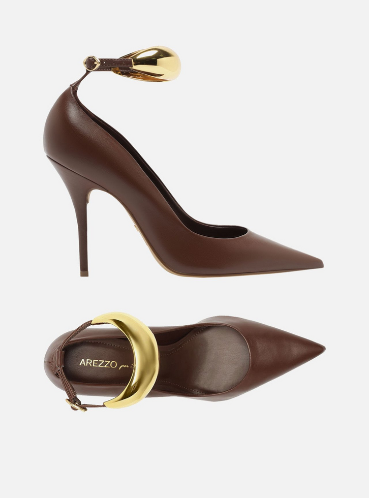 Scarpin Marrom Couro Salto Fino Tira Silvia Braz