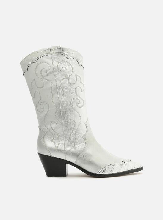 Bota Prateada Couro Cano Médio Bordado Western