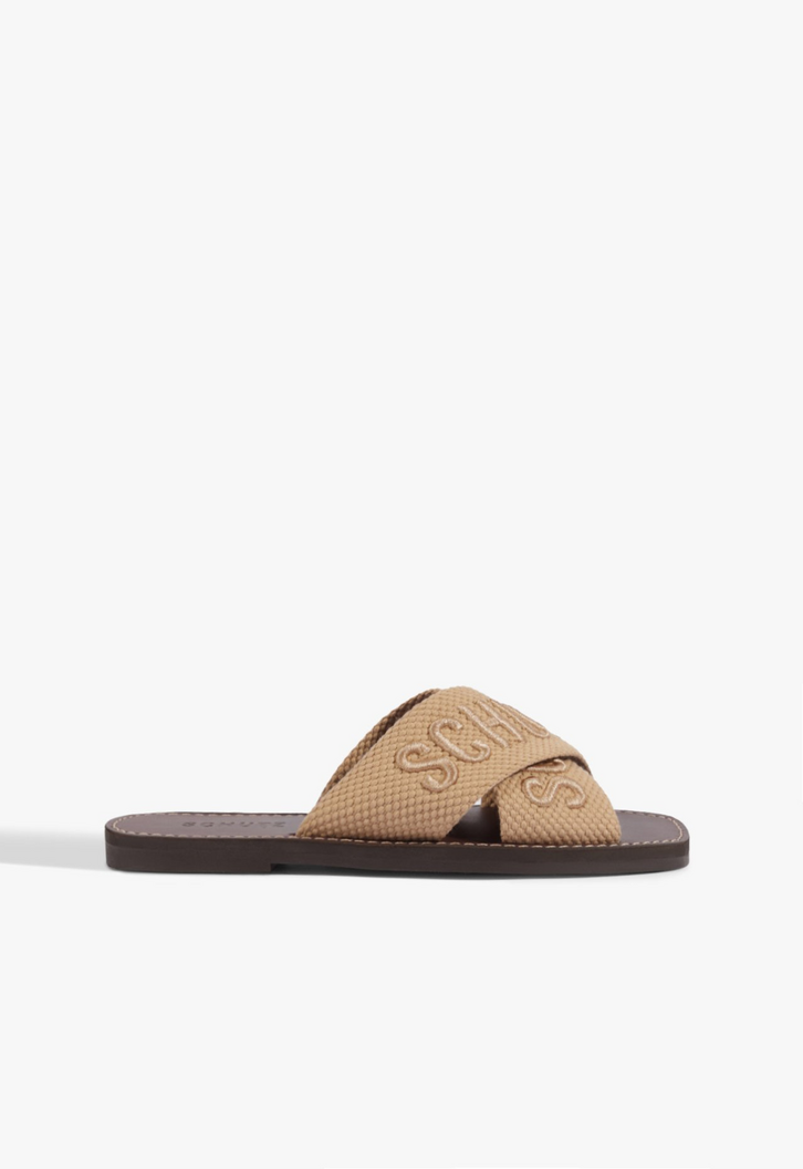 Sandália Rasteira X Schutz Bege Logo Marrom
