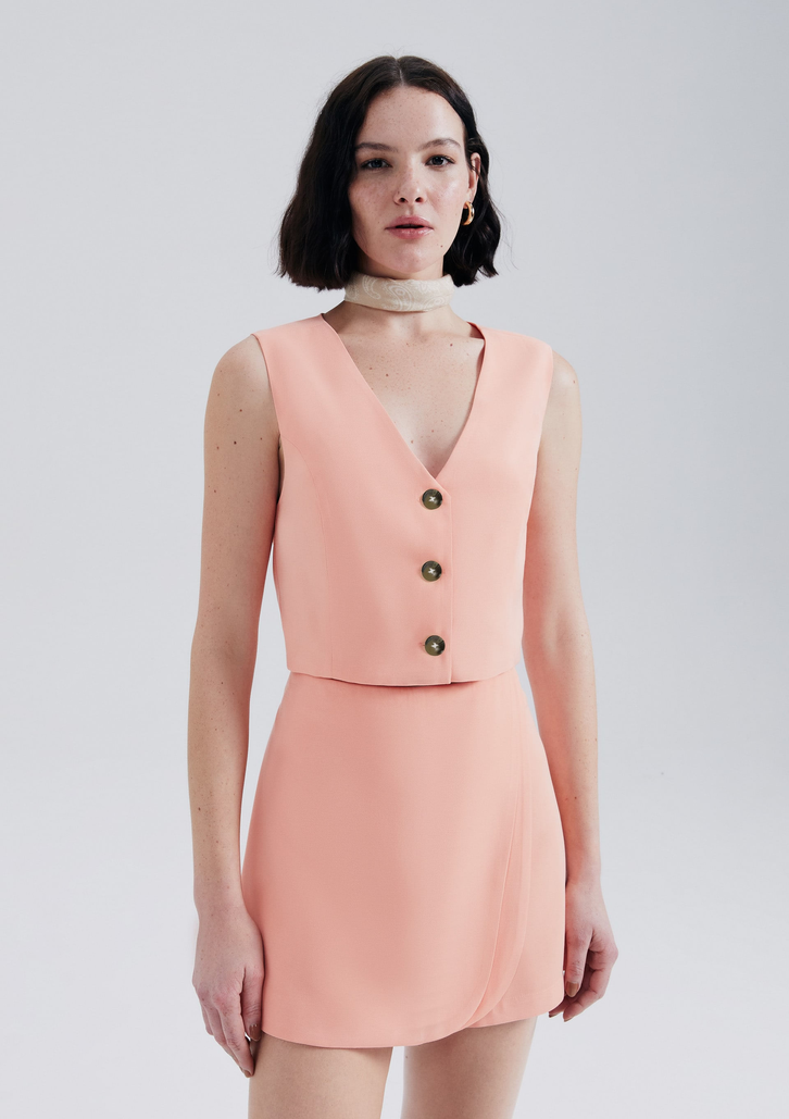 Colete Rosa Feminino Cropped Em Viscose - Salmão G