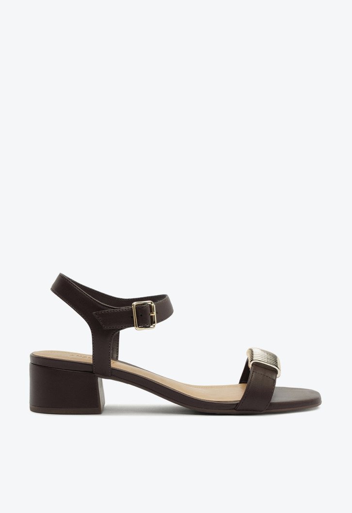 Sandália Salto Bloco Metal Marrom Escuro