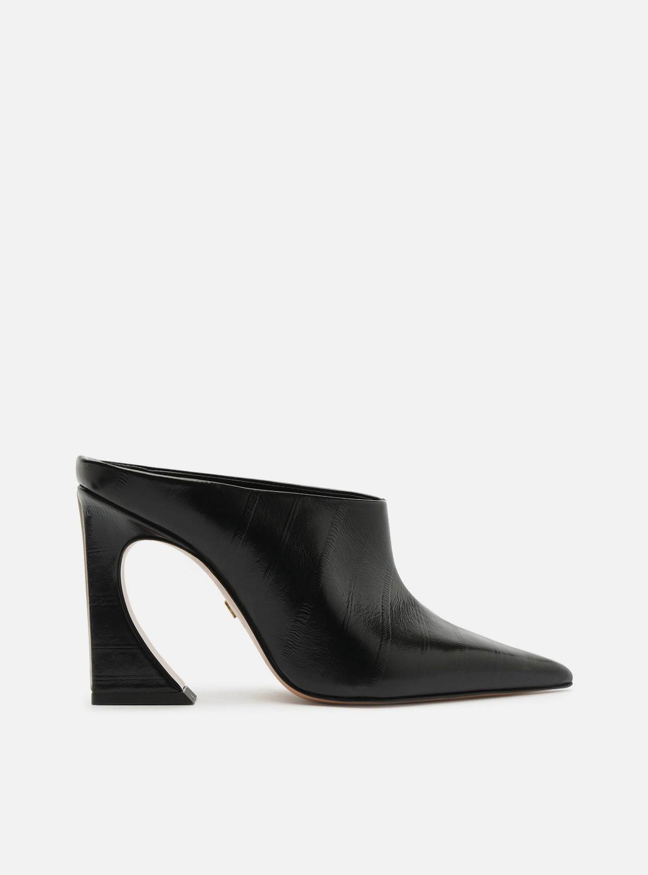 Mule Preta Couro Textura Salto Alto Flare | ZZ MALL