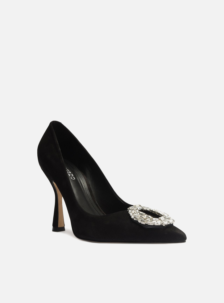 Scarpin Preto Nobuck Bico Fino Pedraria