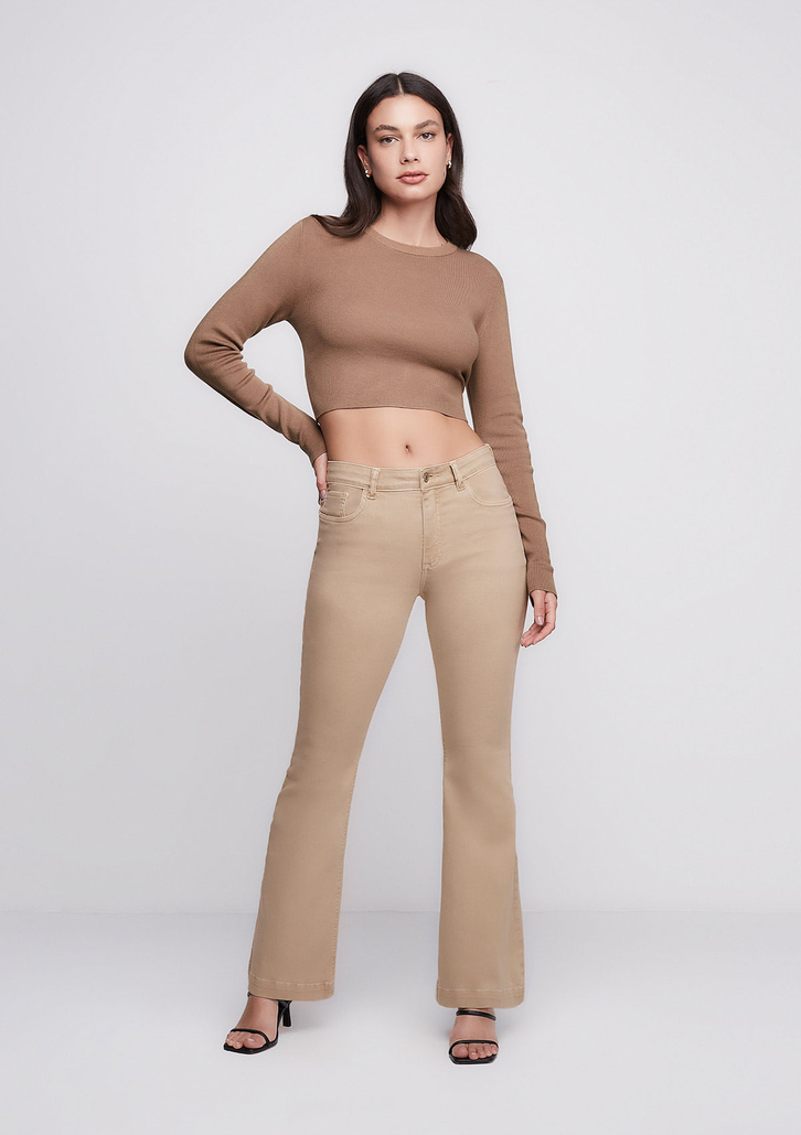 Calça Flare Bege Off White DZARM Slim Cintura Média