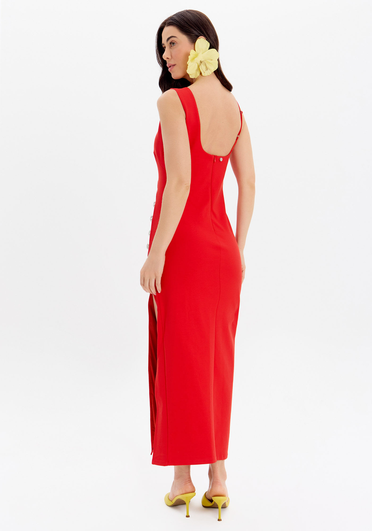 Vestido Vermelho Lança Perfume Super Midi De Alças Com Recorte E Fenda