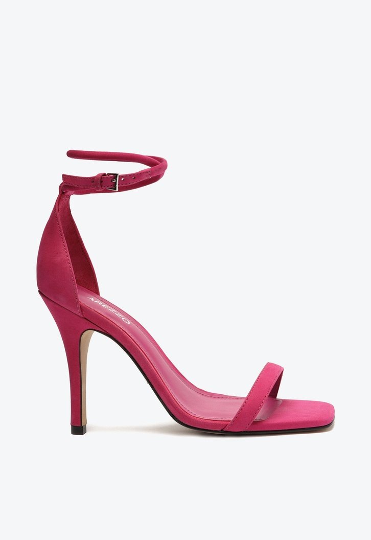 Sandália Rosa Arezzo Nobuck Salto Alto Bico Quadrado