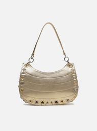 Bolsa Hobo Dourada Couro Média Costuras Metais