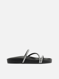 Rasteira Preta Arezzo Bico Redondo Tiras Strass