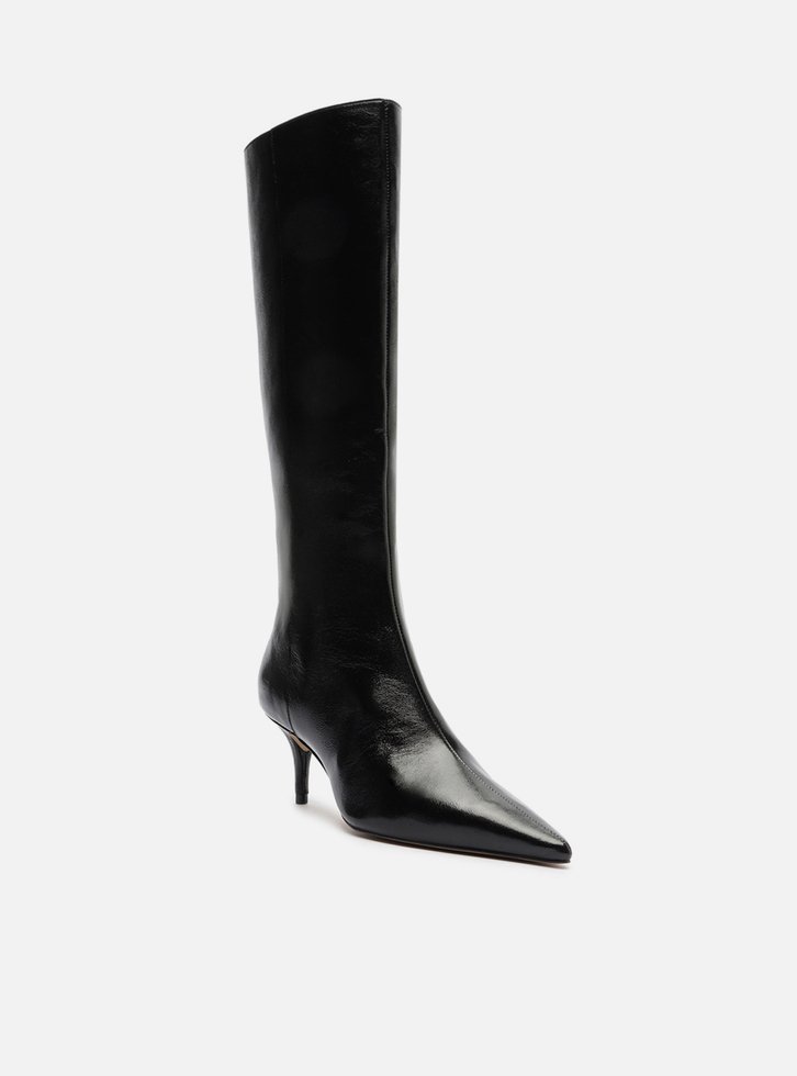 Bota Preta Couro Cano Longo Salto Kitten