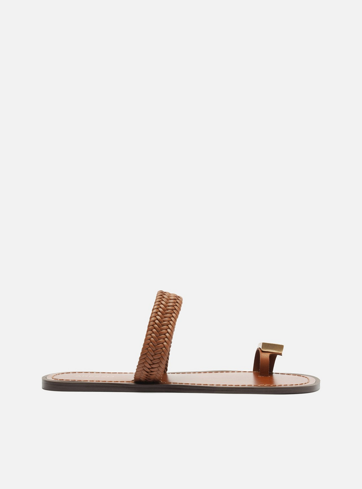 Rasteira Marrom Tira Trançada Dedeira Metal