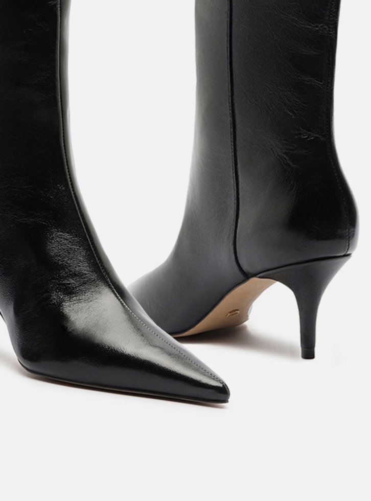 Bota Preta Couro Cano Longo Salto Kitten