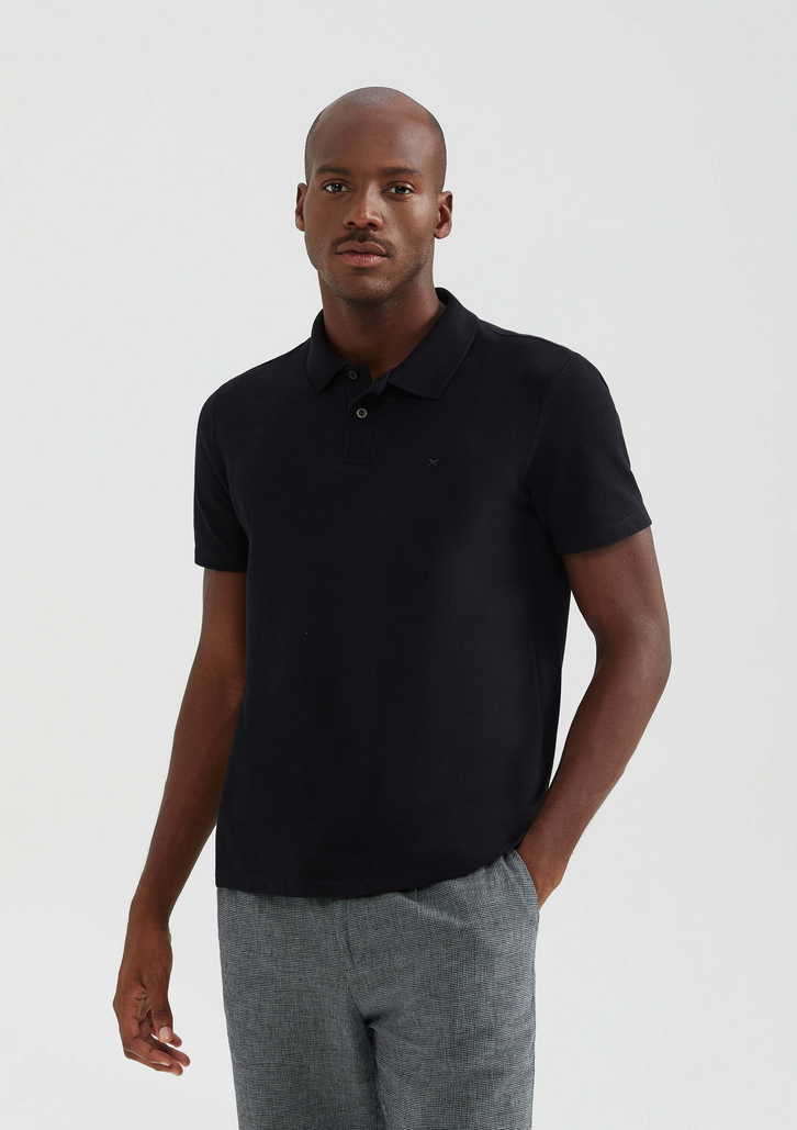 Camisa Polo Preta Hering Manga Curta Slim Com elastano