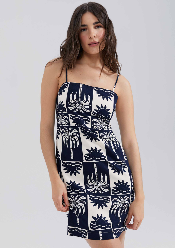 Vestido Curto Azul Hering Estampado Decote Quadrado