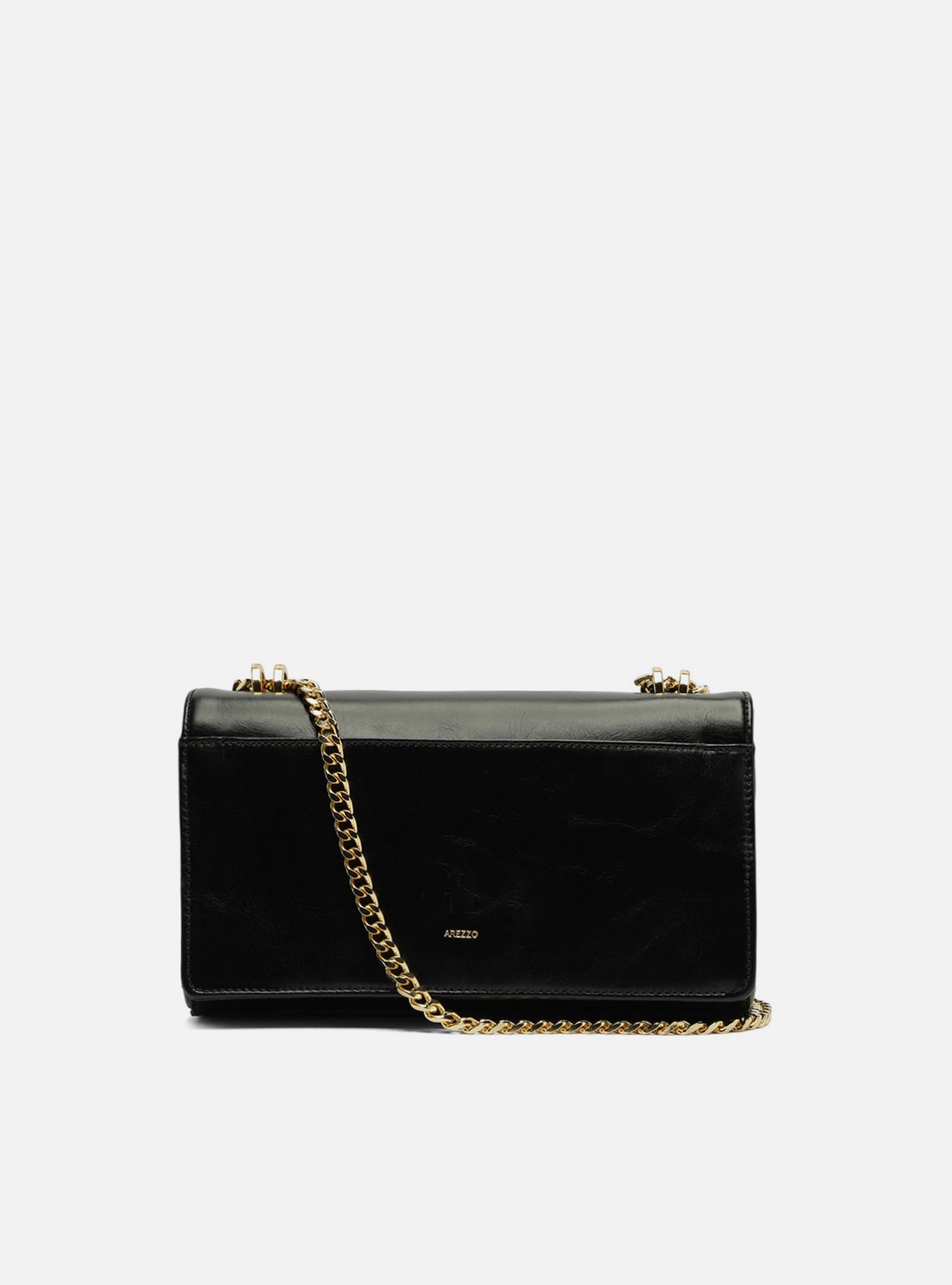 Bolsa Tiracolo Preta Couro Média Metal Dourado | ZZ MALL