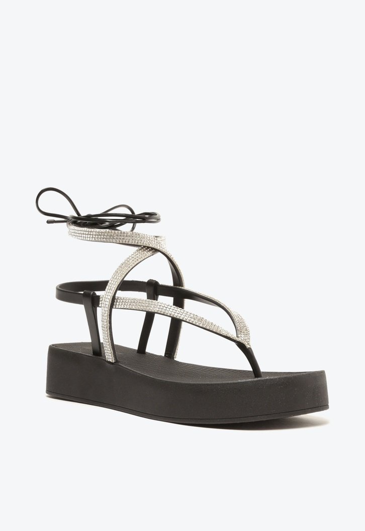 Sandália Flatform Preta Brizza Strass Amarração Bela