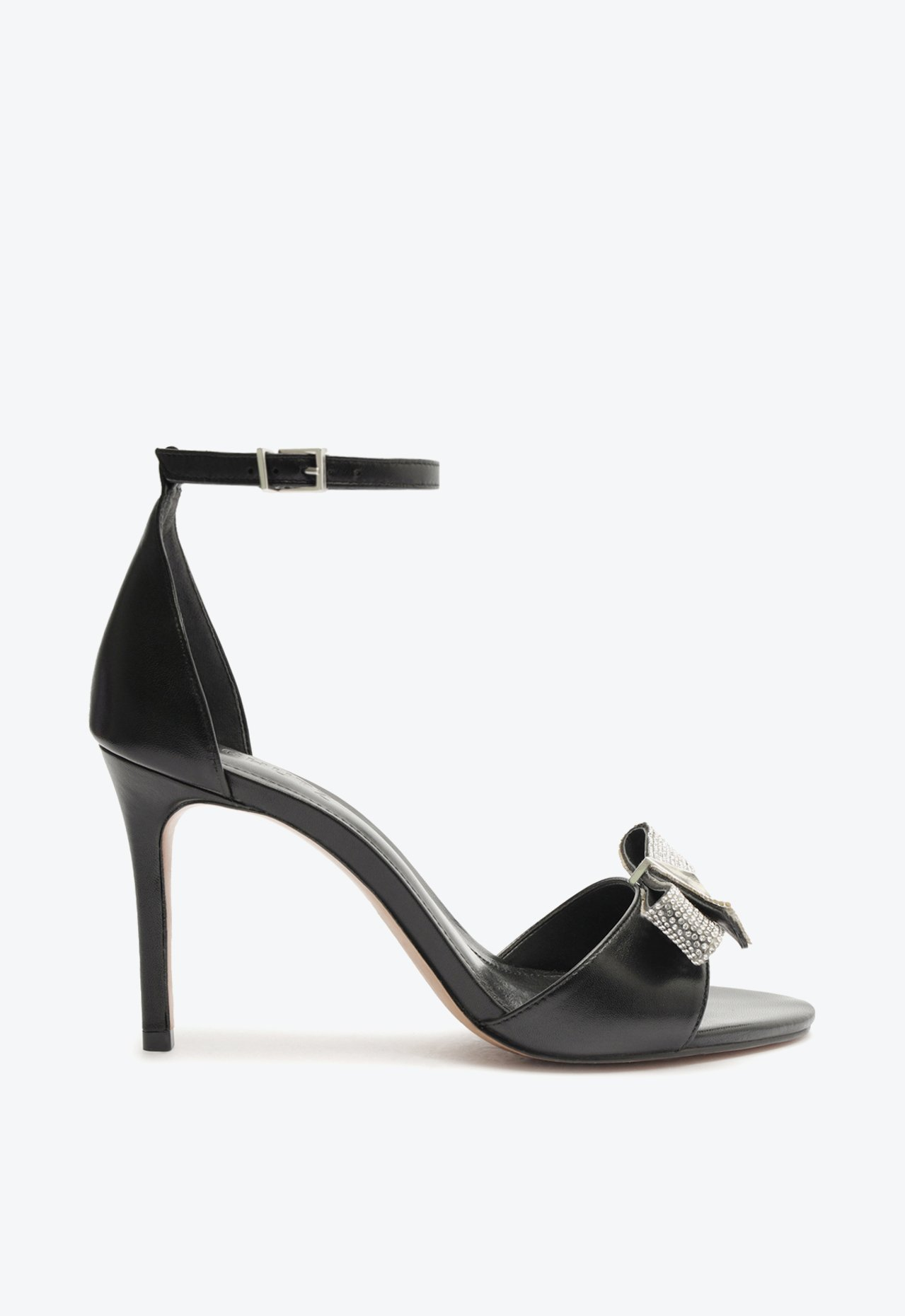 しゅ Sandália Preta Schutz Salto Alto Couro Laço Brilho | ZZ MALL