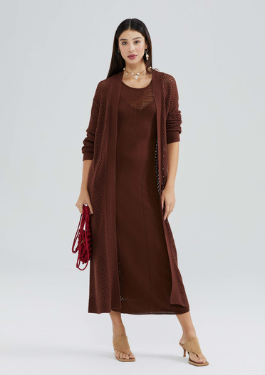 マロン Cardigan Marrom Hering Alongado Em Tricô | ZZ MALL