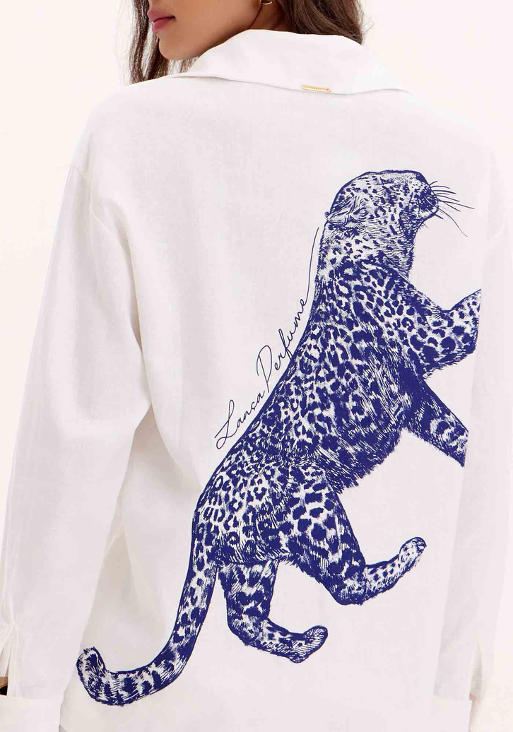 Camisa Branca Lança Perfume Alongada Estampa Costas
