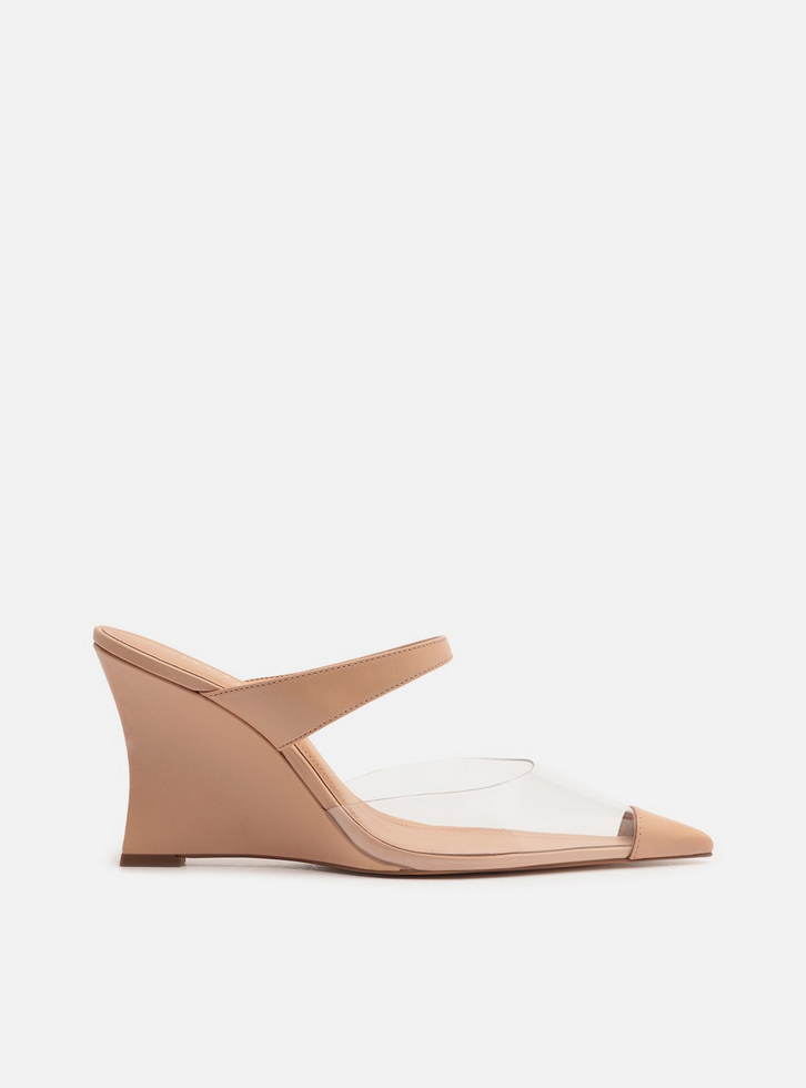 Mule Bege Couro Vinil Salto Alto Anabela